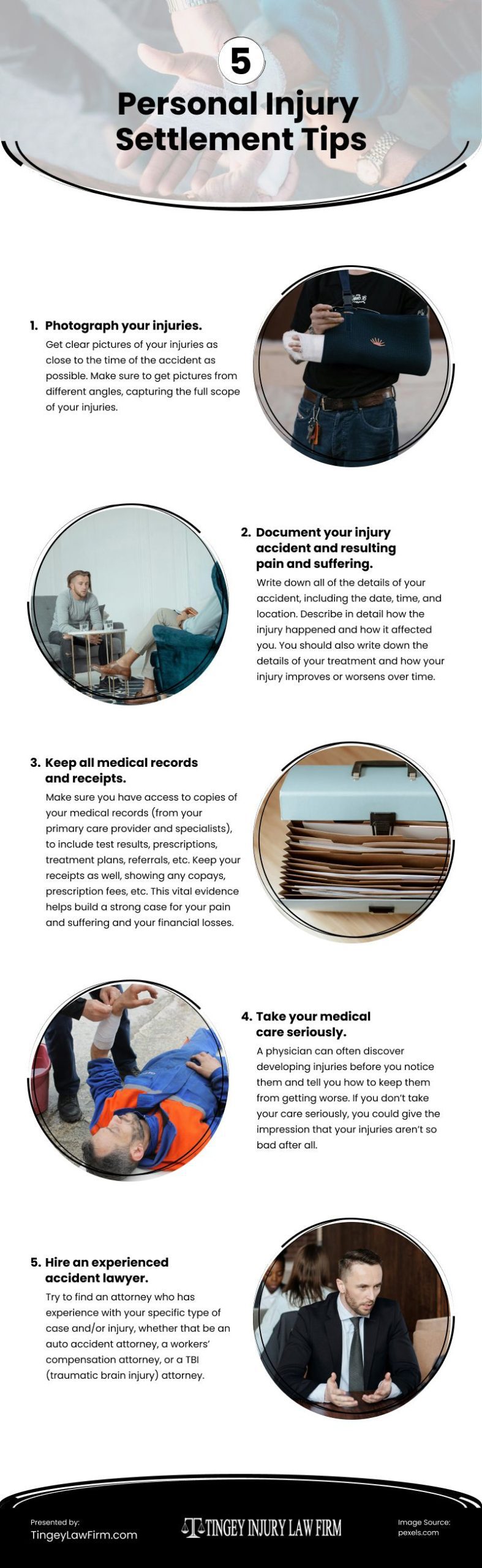 5 Personal Injury Settlement Tips Infographic